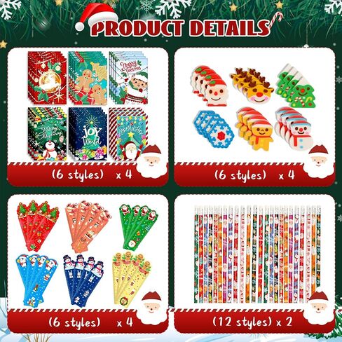 218 Pcs Christmas Stationery Set for Kids Includes Pencil sharpener Eraser Ruler Stamp Mini Notebook Treat Bags Stickers, Xmas Party Themed Classroom Gift Exchange School Games Prizes Carnival Events in Saudi Arabia