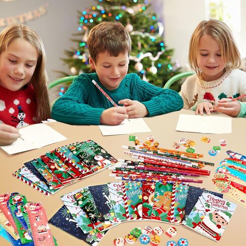 218 Pcs Christmas Stationery Set for Kids Includes Pencil sharpener Eraser Ruler Stamp Mini Notebook Treat Bags Stickers, Xmas Party Themed Classroom Gift Exchange School Games Prizes Carnival Events in Saudi Arabia