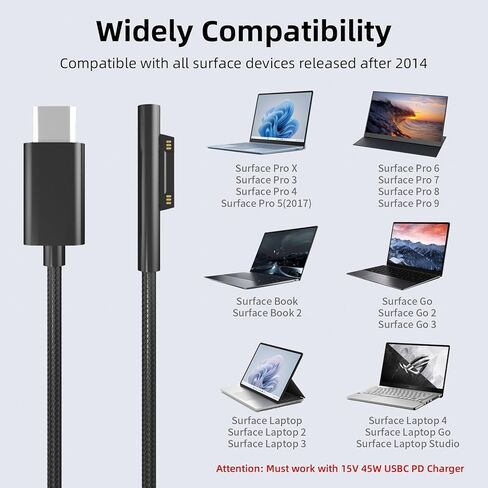 P45W USB-C Charger Cable15V 3A Compatible with Microsoft Surface Pro 7/6/5/4/3 Go/Book Surface Laptop 4/3/2 Type-c to Surface Cable Power Supply Must be Less Than PD65W 2-Pack Black, 6.6ft in Saudi Arabia