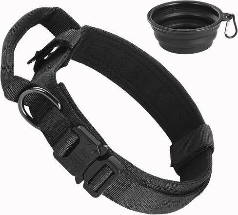 abcGoodefg Tactical Dog Collar Military Dog Collar Adjustable Nylon Dog Collar Heavy Duty Metal Buckle Strap Handle for Dog Training Strap with Foldable Dog Bowl (XL Black) in Saudi Arabia