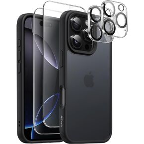 JETech 5 in 1 Matte Case for iPhone 16 Pro Max 6.9-Inch with 2-Pack Each Tempered Glass Screen Protector and Camera Lens Protector, Translucent Back Shockproof Phone Cover (Black)