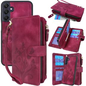 Lacass Case Wallet for Samsung Galaxy A25 5G, [12 Card Slots] ID Credit Cash Holder Zipper Pocket Detachable Leather Wallet Cover with Wrist Strap Lanyard（Floral Blue Green）