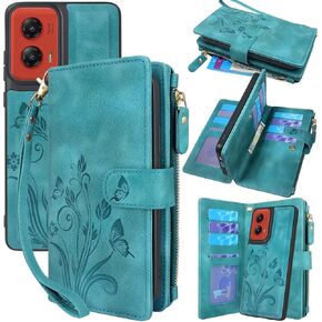 Lacass Case Wallet for Motorola Moto G Stylus 5G | 2024 |, [12 Card Slots] ID Credit Cash Holder Zipper Pocket Detachable Leather Wallet Cover with Wrist Strap Lanyard（Floral Wine Red）