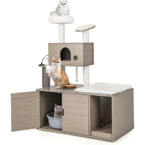 Tangkula Cat Tree with Litter Box Enclosure, Cat Tower with Litter Box, Cat Condo, Scratching Board, Soft Plush Perch, Dangling Balls, Groomer, Modern Hidden Litter Box Furniture for Indoor Cats