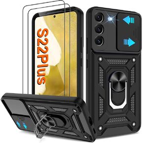 For Samsung Galaxy S22 Plus Case with (2 Pcs) HD Screen Protector, Heavy Duty Shockproof with 360° Rotation Metal Kickstand [Military Grade] Protective Case for Samsung Galaxy S22+ Plus 5G, Black