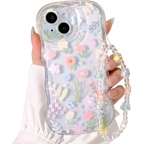 NITITOP Compatible for iPhone 15 Case Clear Cute Flower Floral Bear for Girls Women Pattern with Chain Lanyard Wrist Strap Soft TPU Shockproof Protective Girly for iPhone 15-Bear Pink