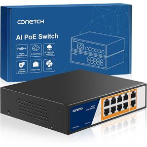 10 Port PoE Switch (6 PoE+ Ports, 2 PoE++ Ports@60W, 2 Uplink Ports), 1000Mbps, IEEE802.3af/at/bt, 120W High Power Output, AI Watchdog, Plug & Play, 6KV Lightning Protection