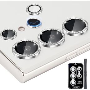 Camera Lens Protector for Samsung Galaxy S22 Ultra, Individual Tempered Glass Aluminum Alloy Ring Lens Cover with Installation Tray Fit for Samsung Galaxy S22 Ultra Glitter Silver