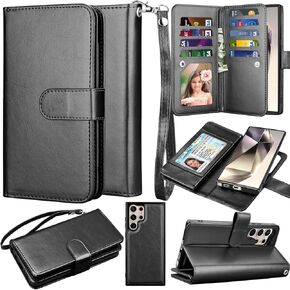 Takfox Wallet Case for Samsung Galaxy S24 Ultra, Galaxy S24 Ultra 5G Case, PU Leather Credit Card Holder Case [9 Card Slots] Folio Flip Detachable Magnetic Cover Kickstand & Carrying Strap, Marble