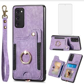 Phone Case for Samsung Galaxy S20 FE 5G 6.5 inch Wallet Cover with Screen Protector Wrist Strap Lanyard RFID Card Holder Ring Stand S 20 EF UW S20FE5G S20FE 20S S2O Fan Edition 4G G5 Women Men Purple