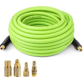 Air Hose, 3/8 Inch x 100 Feet Air Compressor Hose Kit Flexible Hybrid Polymer Air Hose with 4 Pcs 1/4" Quick Coupler and Plug Kit Flexible & Kink Resistant & Lightweight Air Hose Kit, Cyan