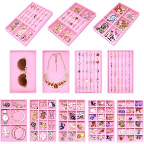 12Set Jewelry Trays Velvet Jewelry Display Tray Stackable Jewelry Drawer Organizer Earring Organizer for Women Girls