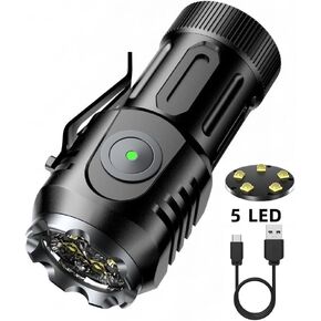 ALONEFIRE X65 Mini LED Flashlight Type C USB Rechargeable Bright 5 LED Light Source Small Torch 8 Modes Waterproof Long Battery Life with Tail Magnet, Clip, Battery for Outdoor, EDC Carry, Hiking