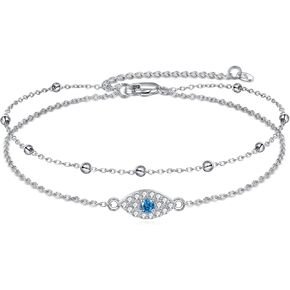 Evil Eye Anklet Sterling Silver Evil Eye and Hamsa Layered Anklet Bracelet Good Luck Protection Anklet Jewelry for Women