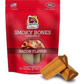 Smoky Bones Bacon Flavored Dog Treats, Long Lasting, Easy to Digest, Made in USA, 7 Count