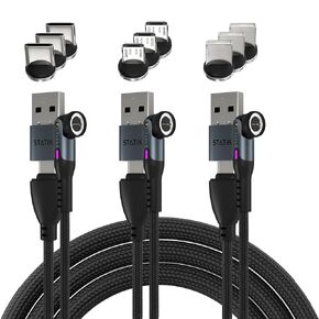 Statik 360 Pro Magnetic Charging Cable 3 Pack - 100W Fast Charging Magnetic USB C Charging Cable, Magnetic Charger Cable - iProduct, Micro-USB, USB-A & USB C Magnetic Phone Charger - Black, 3FT/1M