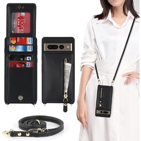 for Google Pixel 7 pro Case with Card Holder for Women,for Pixel 7 pro Phone Case Wallet with Strap Credit Card Slots Crossbody with Kickstand Zipper Case - Black