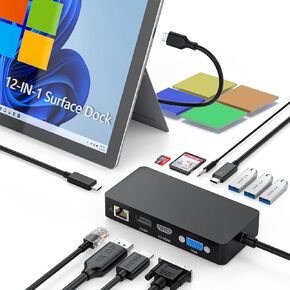 Surface docingMicrosoft Surface Dock USB C, Triple Displays (HDMI 4K + DP + VGA), 12-in-1 Docking Station for Surface Pro 10/9/8/X/7/6/5/4/3, Surface Laptop Go/5/4/3/2/1, Surface Book 3/2/1 Station