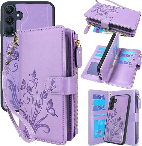 Lacass Case Wallet for Samsung Galaxy A25 5G, [12 Card Slots] ID Credit Cash Holder Zipper Pocket Detachable Leather Wallet Cover with Wrist Strap Lanyard（Floral Blue Green） in Kuwait