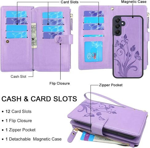 Lacass Case Wallet for Samsung Galaxy A25 5G, [12 Card Slots] ID Credit Cash Holder Zipper Pocket Detachable Leather Wallet Cover with Wrist Strap Lanyard（Floral Blue Green） in Kuwait