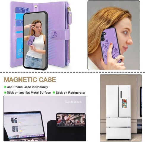 Lacass Case Wallet for Samsung Galaxy A25 5G, [12 Card Slots] ID Credit Cash Holder Zipper Pocket Detachable Leather Wallet Cover with Wrist Strap Lanyard（Floral Blue Green） in Kuwait