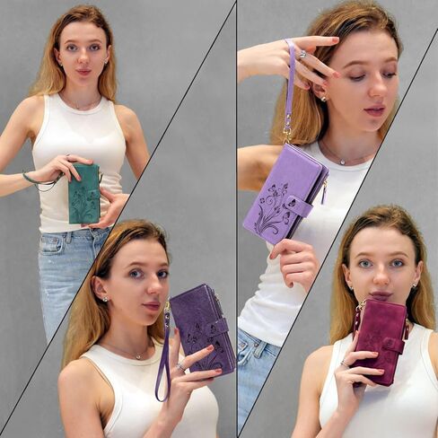 Lacass Case Wallet for Samsung Galaxy A25 5G, [12 Card Slots] ID Credit Cash Holder Zipper Pocket Detachable Leather Wallet Cover with Wrist Strap Lanyard（Floral Blue Green） in Kuwait