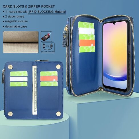 Harryshell متوافق مع حافظة هاتف Samsung Galaxy A25 5G وغطاء هاتف قابل للفصل بسحاب مزدوج [فتحات بطاقات متعددة] مع [حظر السرقة] حزام معصم كروس (أزرق تمساح عميق) in Kuwait