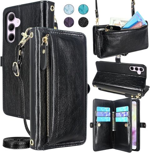 محفظة Lacass لهاتف Samsung Galaxy A35 5G، [حماية من سرقة البطاقات] حامل بطاقات بسحاب وغطاء جلدي قابل للطي وحزام معصم مع حامل لجراب هاتف Galaxy A35 (زهري أرجواني داكن) in Kuwait