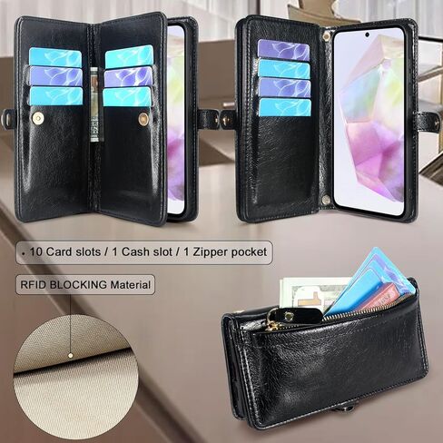 محفظة Lacass لهاتف Samsung Galaxy A35 5G، [حماية من سرقة البطاقات] حامل بطاقات بسحاب وغطاء جلدي قابل للطي وحزام معصم مع حامل لجراب هاتف Galaxy A35 (زهري أرجواني داكن) in Kuwait