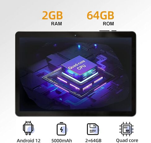 SGIN 10.1 Inch Tablets, Android 12 Tablet, 2GB RAM 64GB ROM, Quad-Core Processor, 5000mah, 2+5MP Camera, WiFi, IPS HD Touch Screen, Black in Kuwait