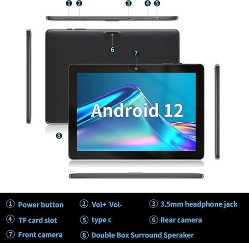 SGIN 10.1 Inch Tablets, Android 12 Tablet, 2GB RAM 64GB ROM, Quad-Core Processor, 5000mah, 2+5MP Camera, WiFi, IPS HD Touch Screen, Black in Kuwait
