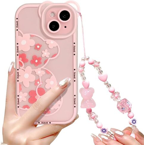 NITITOP متوافق مع حافظة iPhone 15، حافظة شفافة على شكل زهرة لطيفة على شكل دب زهري للفتيات والنساء مع سلسلة وحزام معصم ناعم من مادة TPU مضادة للصدمات لهاتف iPhone 15-Bear، وردي in Saudi Arabia