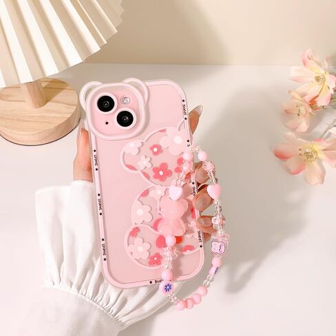 NITITOP متوافق مع حافظة iPhone 15، حافظة شفافة على شكل زهرة لطيفة على شكل دب زهري للفتيات والنساء مع سلسلة وحزام معصم ناعم من مادة TPU مضادة للصدمات لهاتف iPhone 15-Bear، وردي in Saudi Arabia