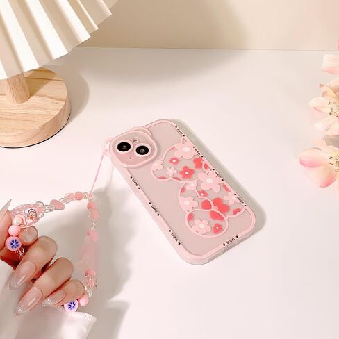 NITITOP متوافق مع حافظة iPhone 15، حافظة شفافة على شكل زهرة لطيفة على شكل دب زهري للفتيات والنساء مع سلسلة وحزام معصم ناعم من مادة TPU مضادة للصدمات لهاتف iPhone 15-Bear، وردي in Saudi Arabia
