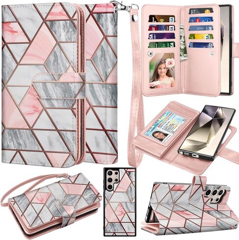 Takfox Wallet Case for Samsung Galaxy S24 Ultra, Galaxy S24 Ultra 5G Case, PU Leather Credit Card Holder Case [9 Card Slots] Folio Flip Detachable Magnetic Cover Kickstand & Carrying Strap, Marble in Kuwait