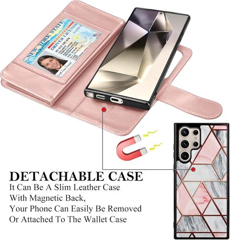 Takfox Wallet Case for Samsung Galaxy S24 Ultra, Galaxy S24 Ultra 5G Case, PU Leather Credit Card Holder Case [9 Card Slots] Folio Flip Detachable Magnetic Cover Kickstand & Carrying Strap, Marble in Kuwait