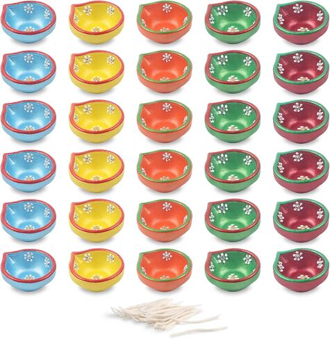 Set of 30 Colourful Handmade Diyas for Diwali Hand Painted Decorative Clay Mitti Diya Deepak Lanterns for Diwali Decoration (Free Lambi Diya Batti/Long Cotton Wicks) in Kuwait