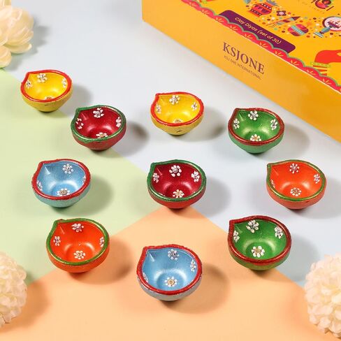 Set of 30 Colourful Handmade Diyas for Diwali Hand Painted Decorative Clay Mitti Diya Deepak Lanterns for Diwali Decoration (Free Lambi Diya Batti/Long Cotton Wicks) in Kuwait