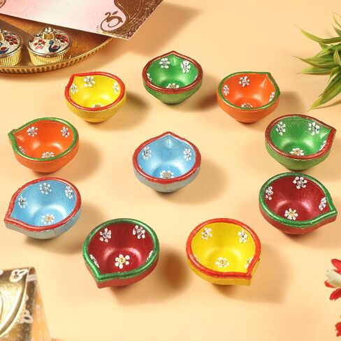 Set of 30 Colourful Handmade Diyas for Diwali Hand Painted Decorative Clay Mitti Diya Deepak Lanterns for Diwali Decoration (Free Lambi Diya Batti/Long Cotton Wicks) in Kuwait