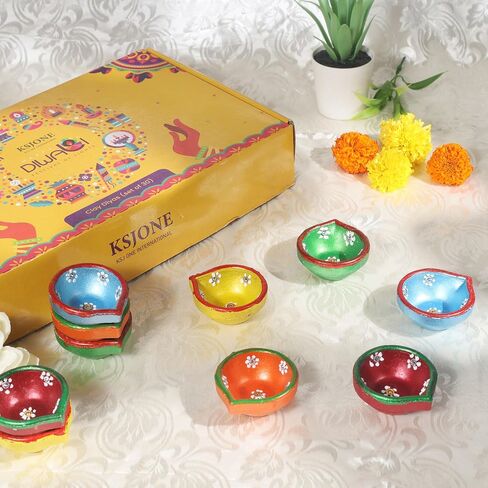 Set of 30 Colourful Handmade Diyas for Diwali Hand Painted Decorative Clay Mitti Diya Deepak Lanterns for Diwali Decoration (Free Lambi Diya Batti/Long Cotton Wicks) in Kuwait