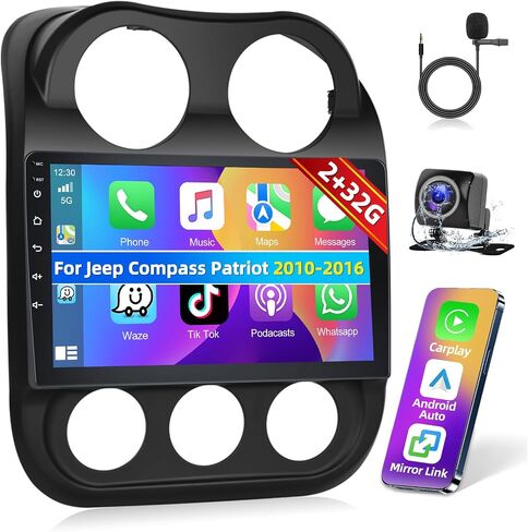 Podofo [2+64G] راديو ستيريو للسيارة لسيارة Jeep Compass Patriot 2010-2016 مع CarPlay Android Auto 10 بوصة تعمل باللمس وصوت بلوتوث مع نظام تحديد المواقع العالمي (GPS) ومرآة وصلة WiFi RDS Hi-Fi وكاميرا احتياطية وميكروفون in Saudi Arabia