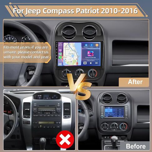 Podofo [2+64G] راديو ستيريو للسيارة لسيارة Jeep Compass Patriot 2010-2016 مع CarPlay Android Auto 10 بوصة تعمل باللمس وصوت بلوتوث مع نظام تحديد المواقع العالمي (GPS) ومرآة وصلة WiFi RDS Hi-Fi وكاميرا احتياطية وميكروفون in Saudi Arabia