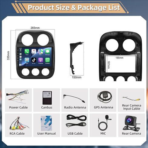 Podofo [2+64G] راديو ستيريو للسيارة لسيارة Jeep Compass Patriot 2010-2016 مع CarPlay Android Auto 10 بوصة تعمل باللمس وصوت بلوتوث مع نظام تحديد المواقع العالمي (GPS) ومرآة وصلة WiFi RDS Hi-Fi وكاميرا احتياطية وميكروفون in Saudi Arabia