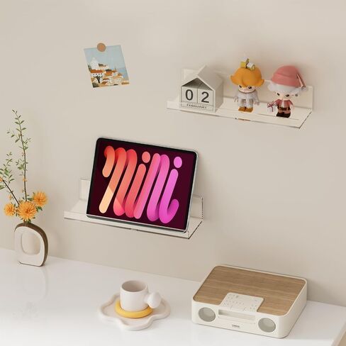 12" White Acrylic Floating Shelves, 4 Pack Wall Shelf with Cable Clips, Small Floating Shelf for Expand Wall Display Space for Living Room, Bathroom, Gaming Room, Dorm Wall Decor in Kuwait