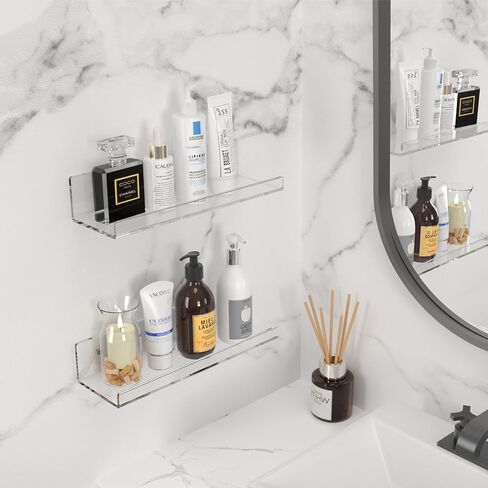12" White Acrylic Floating Shelves, 4 Pack Wall Shelf with Cable Clips, Small Floating Shelf for Expand Wall Display Space for Living Room, Bathroom, Gaming Room, Dorm Wall Decor in Kuwait