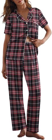 Ekouaer Womens Pajamas Set Plaid PJs Soft Button Down Sleepwear Short Sleeve Nightwear with Long Pants in Saudi Arabia
