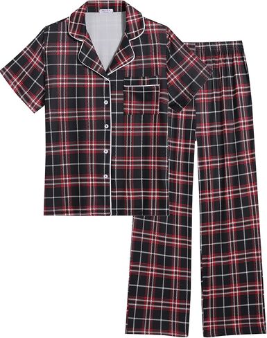 Ekouaer Womens Pajamas Set Plaid PJs Soft Button Down Sleepwear Short Sleeve Nightwear with Long Pants in Saudi Arabia