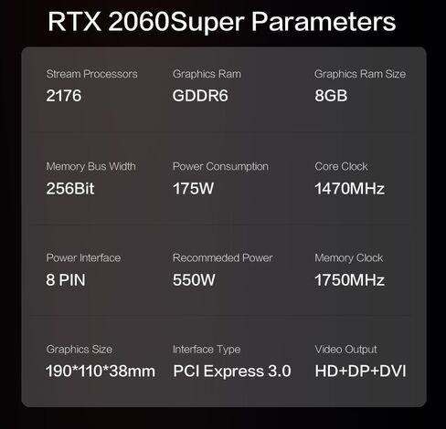 RTX 2060 Super 8GB GDDR6 Graphics Card Performance 97% of RTX 3060 130% of RTX 3050 Core 1470 MHz CUDA 2176 Memory1750 MHz 256 bit PCI Express 3.0 HDMI 3X DP in Saudi Arabia