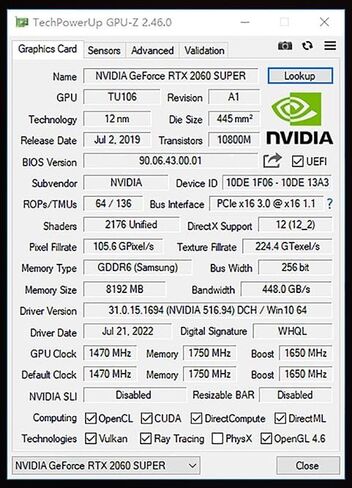 RTX 2060 Super 8GB GDDR6 Graphics Card Performance 97% of RTX 3060 130% of RTX 3050 Core 1470 MHz CUDA 2176 Memory1750 MHz 256 bit PCI Express 3.0 HDMI 3X DP in Saudi Arabia