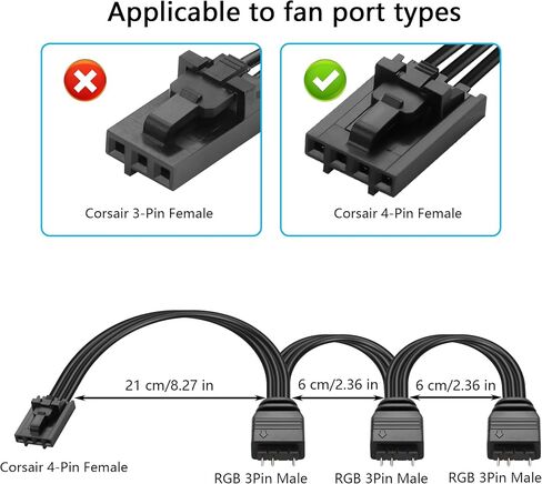GINTOOYUN 2 قطعة كابل مقسم مروحة RGB 4-Pin Commander أنثى إلى ثلاثة 5V 3-Pin RGB ذكر كابل تحويل 1 إلى 3 ARGB كابل مقسم للقائد CoreXT، القائد Core إلخ (14.96 بوصة) (1 إلى 2) in Saudi Arabia
